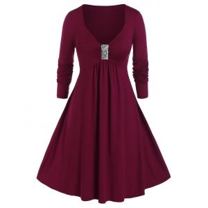 

Plus Size Sequined Ruched A Line Plunging Dress, Red wine