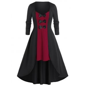 

Plus Size Two Tone Bicolor Bowknot High Low Midi Dress, Red wine