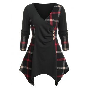 

Plus Size Plaid Handkerchief Ruched Long Sleeve Tee, Black