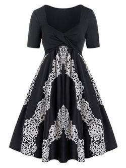 Plus Size Twisted Print A Line Knee Length Dress - BLACK - L