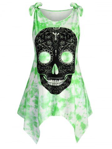 Tie Shoulder Skull Tie Dye Halloween Plus Size Tank Top - GREEN - 1X