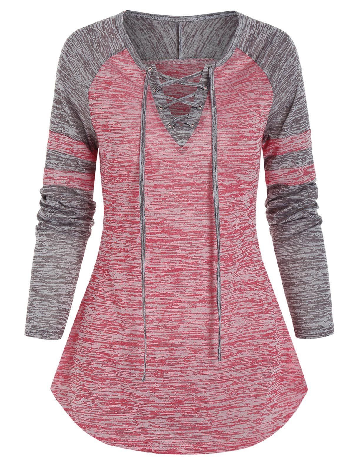 

Raglan Sleeve Space Dye Print Lace-up T-shirt, Flamingo pink