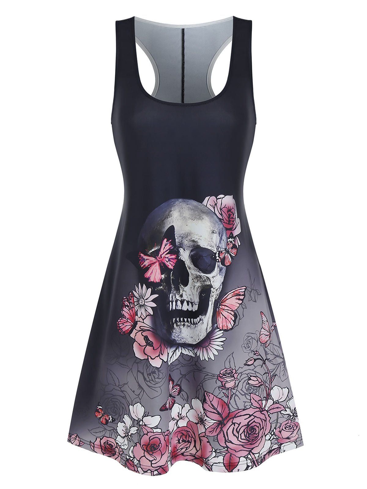 

Skull Butterfly Print Gothic Sleeveless Mini Dress, Black