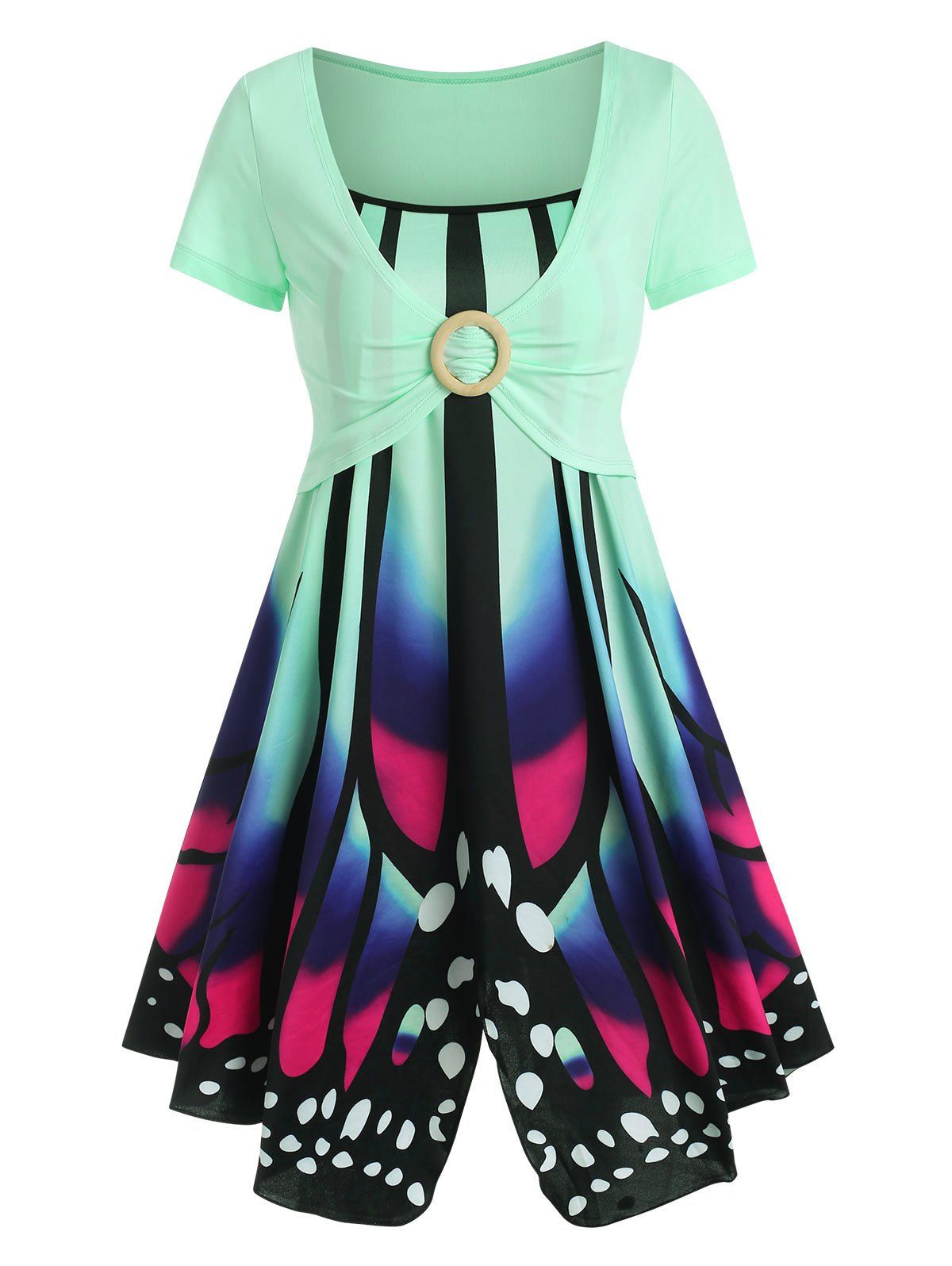 

Butterfly Print Cami Dress with O Ring Crop Top, Green