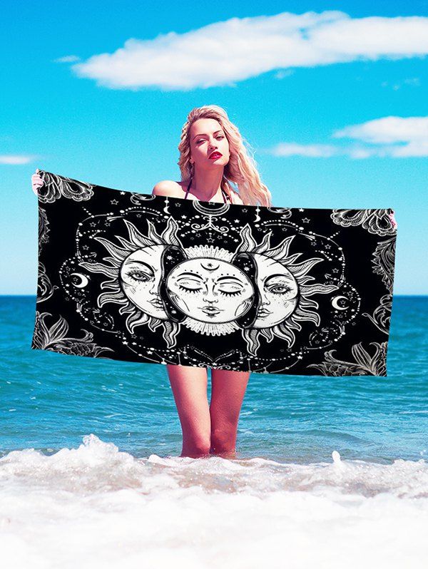 

Bohemian Sun And Moon Face Print Beach Throw, Jet black