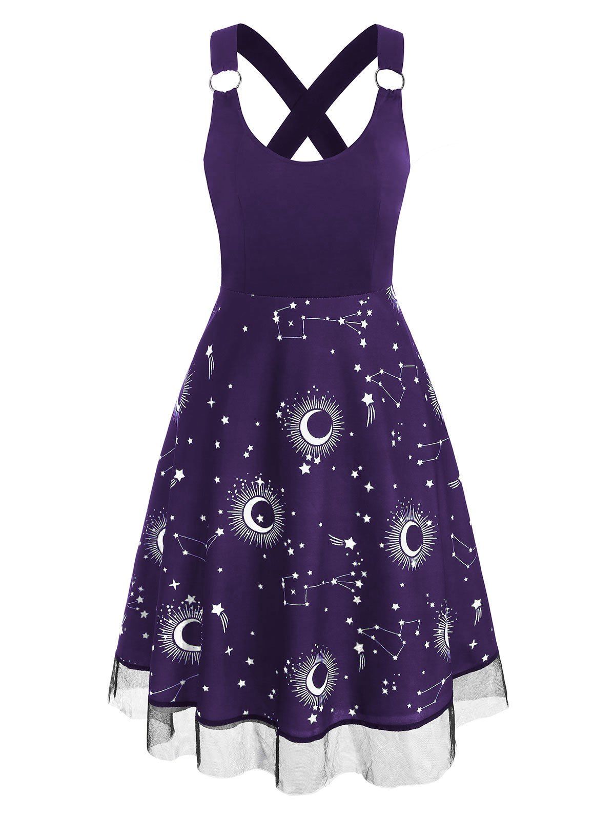 

Lace Insert Sun Moon Star Print Criss Cross Dress, Purple