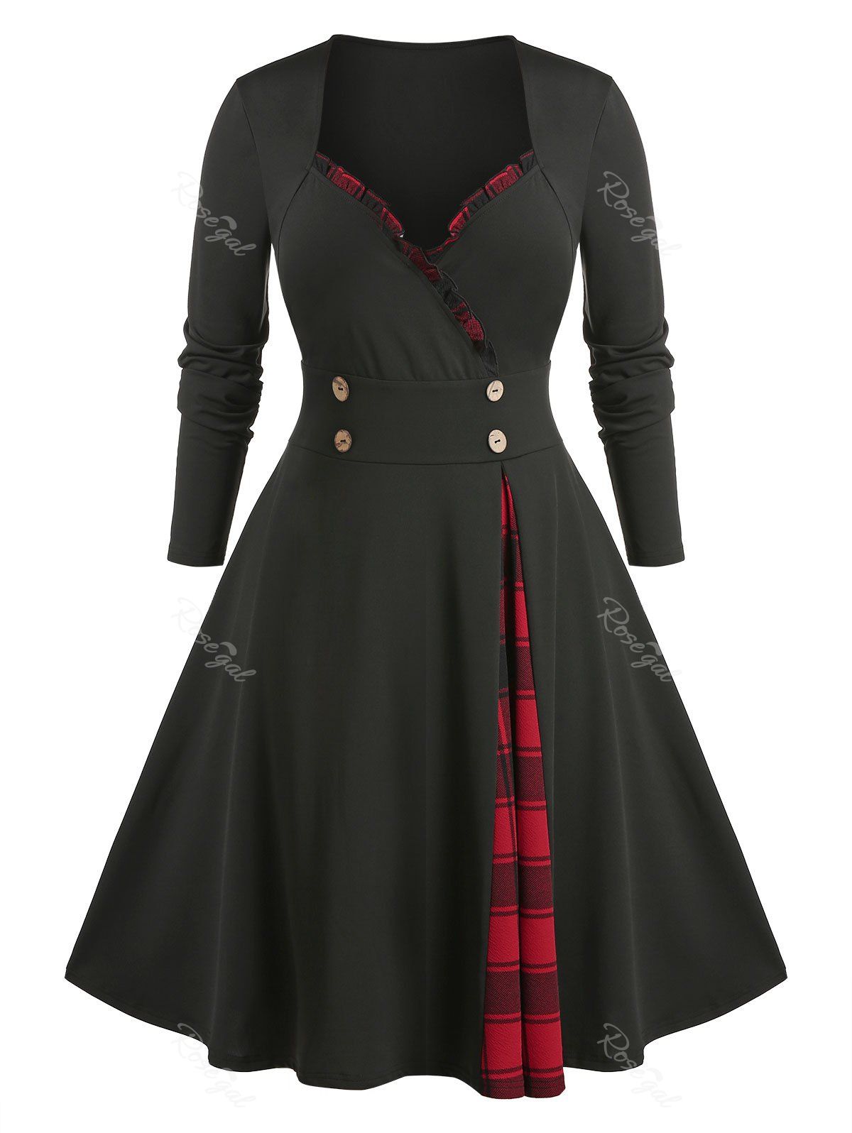 

Plus Size Frilled Plaid Panel A Line Sweetheart Neck Dress, Black
