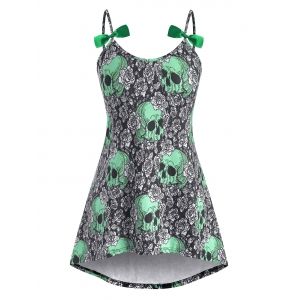 

High Low Bowknot Skull Rose Halloween Plus Size Cami Top, Green