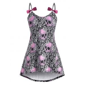 

High Low Bowknot Skull Rose Halloween Plus Size Cami Top, Light pink