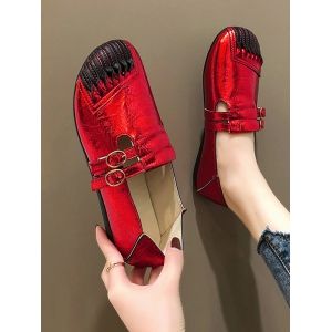 

Dual Buckle Strap Leather Flat Shoes, Chestnut red