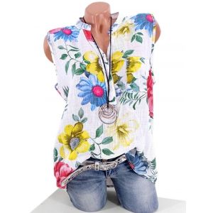 

Plus Size Floral Print Half Button Pocket Shirt, White