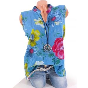 

Plus Size Floral Print Half Button Pocket Shirt, Light blue