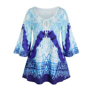 

Plus Size Keyhole Tie Abstract Print Wide Sleeve Tee, Dodger blue