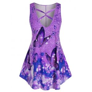 

Plus Size Butterfly Pattern Cross Tank Top, Tyrian purple