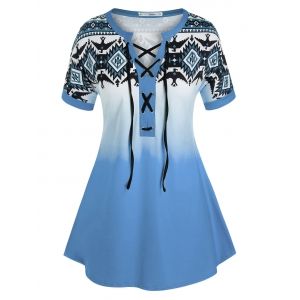 

Plus Size Geometric Print Lace-up Ombre Cuffed Sleeve Tee, Light blue