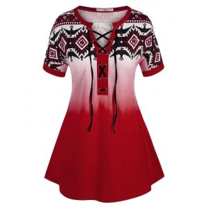 

Plus Size Geometric Print Lace-up Ombre Cuffed Sleeve Tee, Red