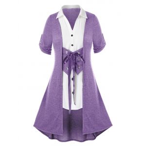 

Button Lace Up Plus Size Splicing Blouse, Purple amethyst