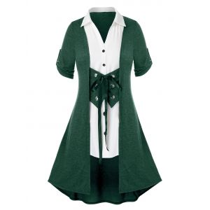 

Button Lace Up Plus Size Splicing Blouse, Sea turtle green
