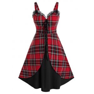 

Plus Size Plaid Lace-up Overlap Lace Trim Retro Dress, Black