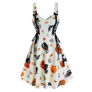 

Halloween Pumpkin Print Lace Up Mini Cami Dress, Warm white