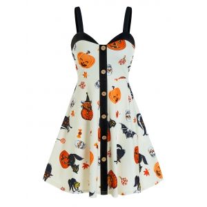 

Halloween Pumpkin Print Mock Button Cami Mini Dress, Warm white