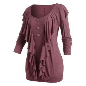 

Plus Size Ruffle Buttons Scoop Neck T-shirt, Red wine