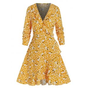 

Floral Print Long Sleeve Flounced Wrap Dress, Golden brown