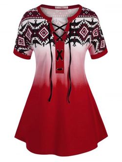 Plus Size Geometric Print Lace-up Ombre Cuffed Sleeve Tee - RED - L
