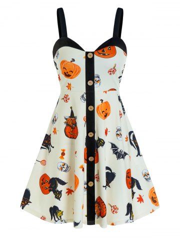 Halloween Pumpkin Print Mock Button Cami Mini Dress - WARM WHITE - M