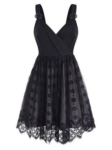 O Rings Surplice Scalloped Lace Dress - BLACK - L