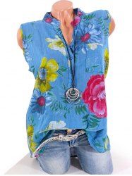 Chemise Fleurie Imprimée à Demi-Bouton avec Poche de Grande Taille - Bleu clair 2XL