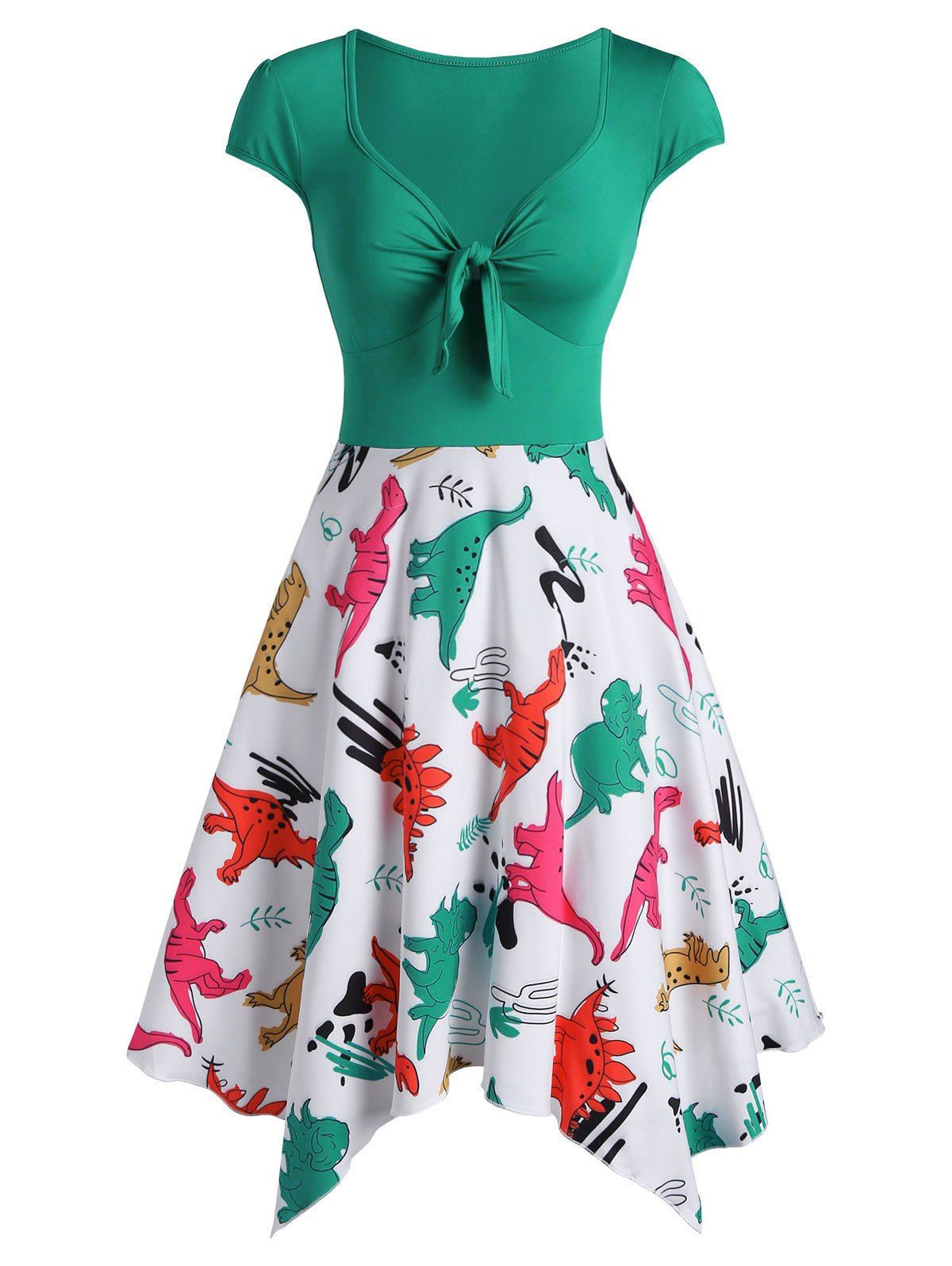 

Knot Dinosaur Print Cap Sleeve Asymmetrical Midi Dress, Light green