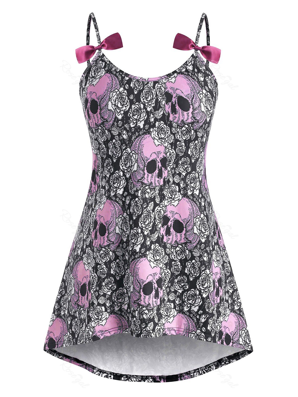 

High Low Bowknot Skull Rose Halloween Plus Size Cami Top, Light pink