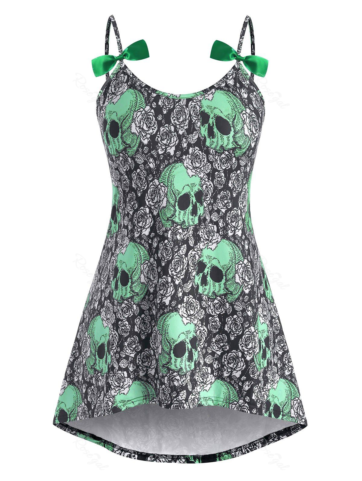 

High Low Bowknot Skull Rose Halloween Plus Size Cami Top, Green