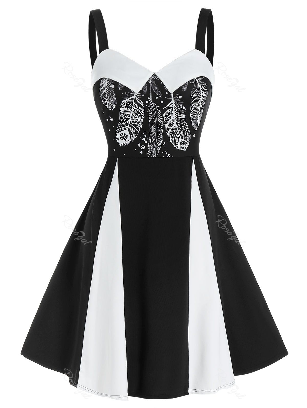

Plus Size Two Tone Feather Print Bicolor Backless Dress, Black