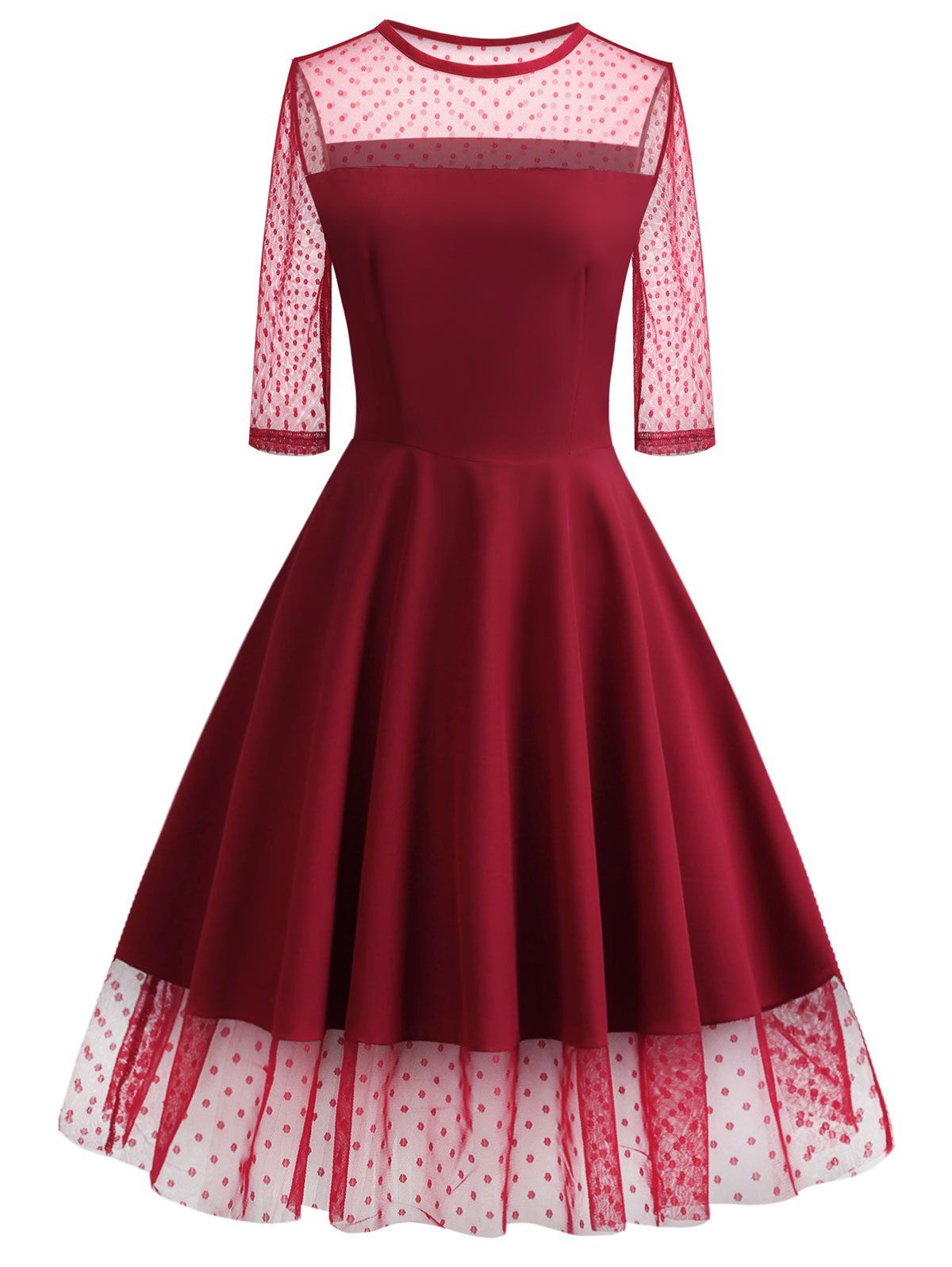 

Polka Dot Mesh Insert Prom Dress, Deep red