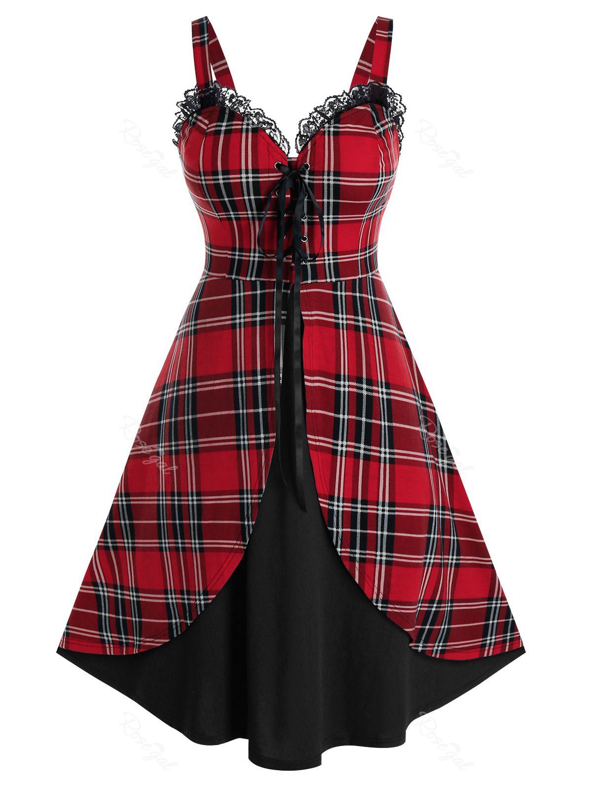 [41% OFF] Plus Size Plaid Lace-up Overlap Lace Trim Retro Dress | Rosegal