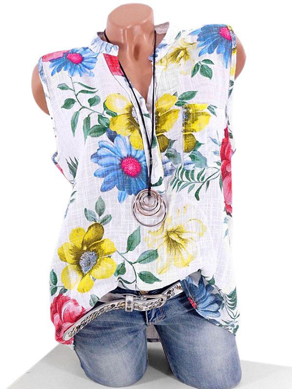 Chemise Fleurie Imprimée à Demi-Bouton avec Poche de Grande Taille Blanc 2XL