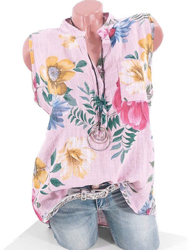 Chemise Fleurie Imprimée à Demi-Bouton avec Poche de Grande Taille Rose clair 2XL