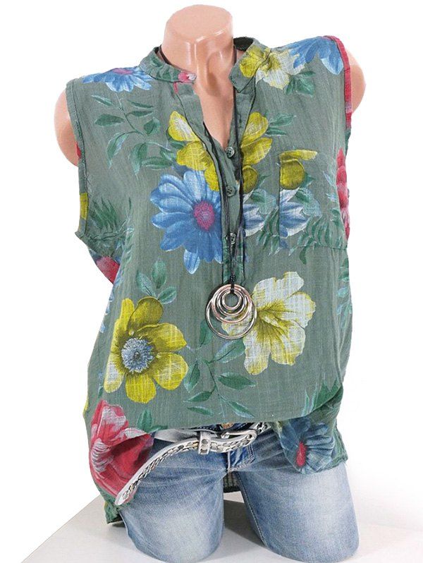 Chemise Fleurie Imprimée à Demi-Bouton avec Poche de Grande Taille Vert profond XL