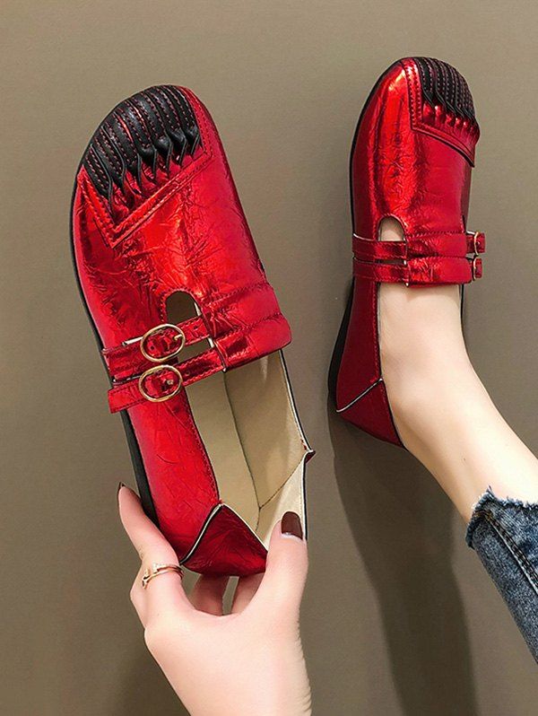 

Dual Buckle Strap Leather Flat Shoes, Chestnut red