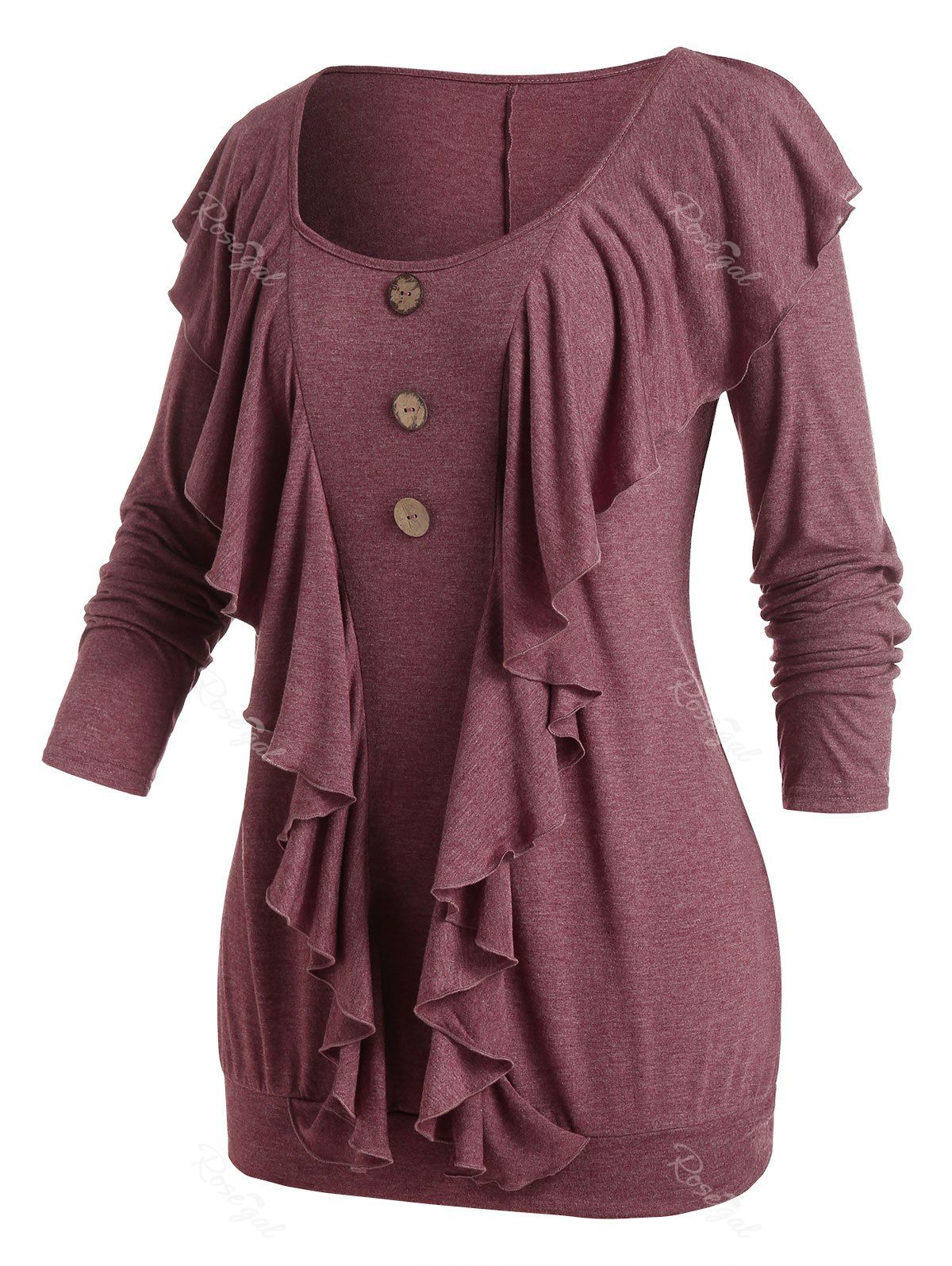 

Plus Size Ruffle Buttons Scoop Neck T-shirt, Red wine