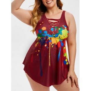 

Plus Size Splatter Paint Criss Cross Boyleg Tankini Swimwear, Deep red