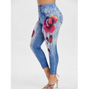 

Plus Size 3D Denim Rose Feather Print Jeggings, Light blue