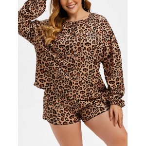 

Plus Size Leopard Fleece Henley Drop Shoulder Pajama Shorts Set, Coffee