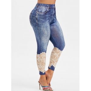

Plus Size 3D Lace Denim Print Jeggings, Blue
