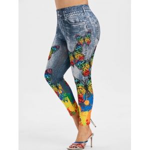 

Plus Size Butterfly Print Ninth Skinny Jeggings, Deep blue
