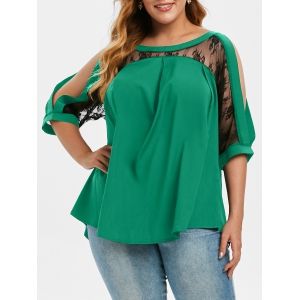

Curved Hem Lace Panel Cold Shoulder Plus Size Blouse, Green