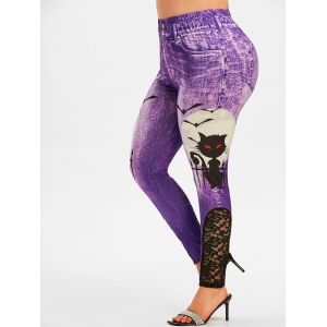 

Plus Size Halloween Cat and Bat 3D Print Lace Panel Jeggings, Purple