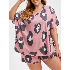 

Plus Size Printed Side Slit Pajama Set, Light pink